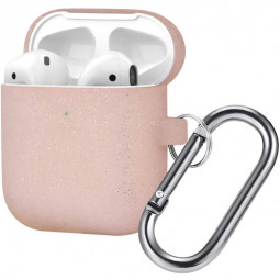 Силиконовый чехол для AirPods с карабином матовое золото с блёстками