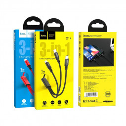 Usb Кабель-зарядка Hoco X14 Times speed 3in1 Lightning/Micro/Type-C 2.4A 1м в тканевой оплетке красн