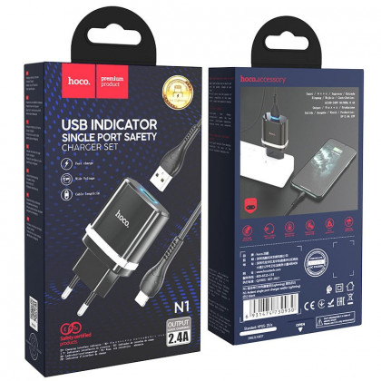 Сетевое зар. устр. Hoco N1 с шнуром Lightning 1USB 2.4A черное