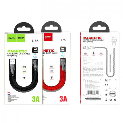 Usb Кабель-зарядка Lightning Магнитный Hoco U75 Blaze magnetic 3A 1.2м в тканевой оплётке чёрный