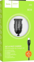 Автомобильное заряд. устр. Hoco Z43 с шнуром Micro 1USB QC3.0 3A 18W черное