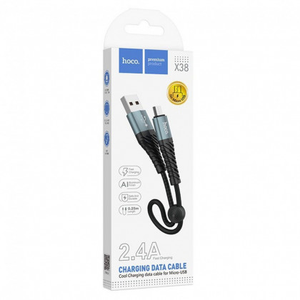 Usb Кабель-зарядка Micro Hoco X38 Cool 2.4A 0.25м в тканевой оплётке чёрный