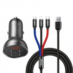 Автомобильное заряд. устр. Baseus Digital Display 2USB 2.4A с каб. 3в1 TZCCBX-0G серое